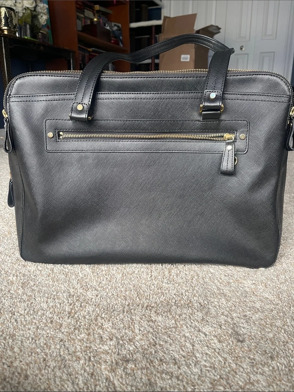 Unisex Levenger Black  Saffiano Leather Laptop Briefcase with Gold Hardware